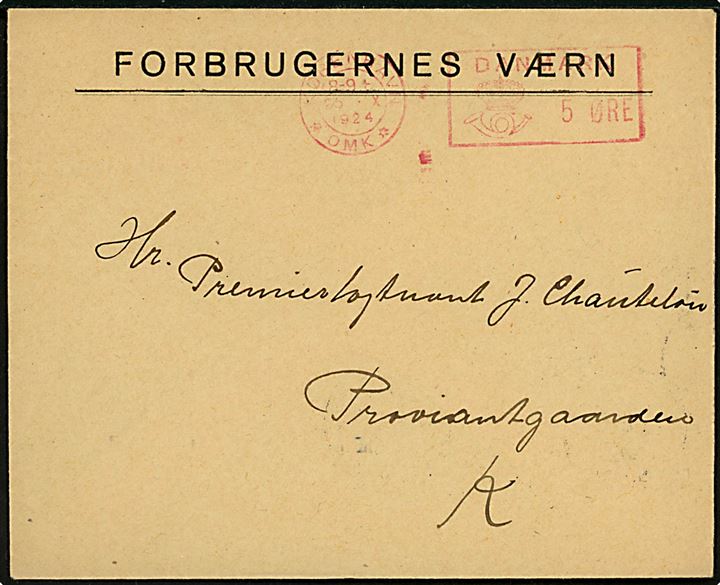 5 øre posthusfranko frankeret lokal tryksag fra Forbrugernes Værn i København d. 25.10.1925. Forbrugernes Værn var en tidlig forbruger organisation som kæmpede mod prisstigninger og kronens faldende værdi. 