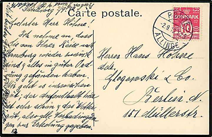 10 øre Bølgelinie på brevkort dateret i Sandvig og annulleret med bureaystempel Rønne - Allinge T.23 d. 2.9.1913 til Berlin, Tyskland. Bureaustempel benyttet 5 dage tidl. end registreret af Skilling - men ca. 10 mdr. tidligere end registreret af Vagn Jensen, Svend Hovard og KPK. 