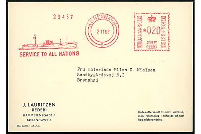 20 øre firmafranko fra J. Lauritzen på brevkort med positions-meddelelse fra M/S Lydia Dan stemplet København d. 2.11.1962 til Brønshøj.