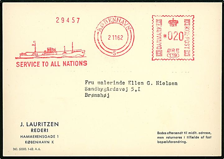 20 øre firmafranko fra J. Lauritzen på brevkort med positions-meddelelse fra M/S Lydia Dan stemplet København d. 2.11.1962 til Brønshøj.