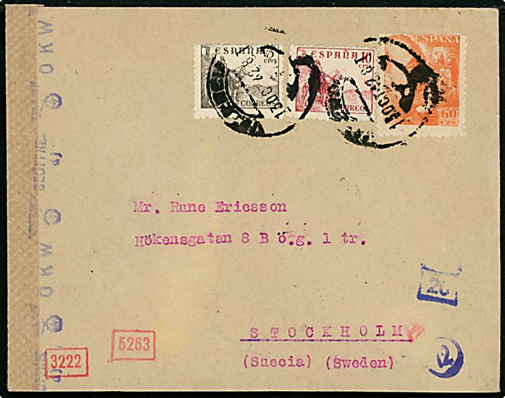 5 cts., 10 cts. Rytter og 60 cts. Franco på brev fra Valencia d. 13.10.1942 til Stockholm, Sverige. Åbnet af både spansk censur i Valencia og tysk censur i München.