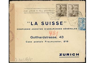 30 cts. og 2 pts. (2) Franco på luftpostbrev fra Barcelona d. 2.10.1943 til Zürich, Schweiz. Påskrevet via Stuttgart med både spansk og tysk censur.