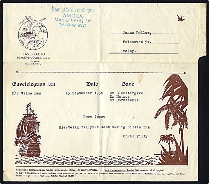Gave-Radio Gavetelegram dateret d. 13.9.1954 fra sømand ombord på M/S Vilma Dan til Valby, Danmark.