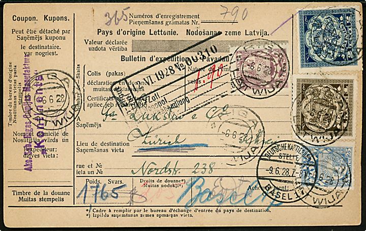 25 s., 40 s., 1 l. og 2 l. Våben på internationalt adressekort for pakke fra fra Riga d. 6.6.1928 via Basel til Zürich, Schweiz.