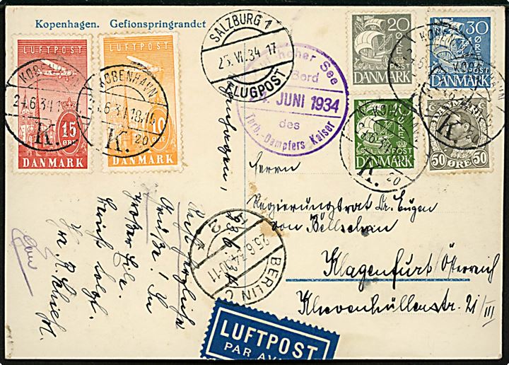 20 øre, 40 øre bogtryk og 30 øre stålstik Karavel, 50 øre Chr. X, 10 øre og 15 øre Luftpost på luftpost brevkort fra København K. d. 24.6.1934 med privat sidestempel Auf hoher See an Bord des Turb.-Dampfers Kaiser d. 24.6.1934 via Berlin og Salzburg til Klagenfurt, Østrig.