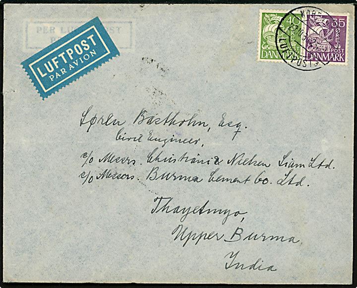 35 øre og 40 øre Karavel på 75 øre frankeret luftpostbrev annulleret København Luftpost sn3 d. 27.10.1936 via München og Rangoon til Thayetmyo, Upper Burma, India. 