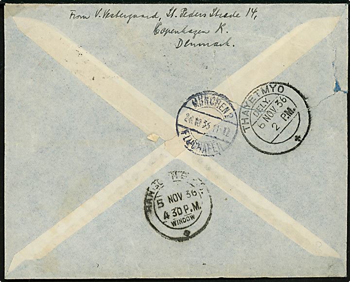 35 øre og 40 øre Karavel på 75 øre frankeret luftpostbrev annulleret København Luftpost sn3 d. 27.10.1936 via München og Rangoon til Thayetmyo, Upper Burma, India. 