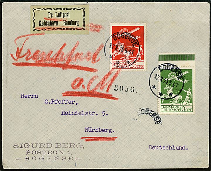 10 øre og 25 øre Luftpost på Luftpost tryksag med tidlig grøn etiket Pr. Luftpost København - Hamburg fra Bogense d. 22.8.1925 til Nürnberg, Tyskland. På bagsiden rammestempel: Mit Luftpost befördert Hamburg 1.