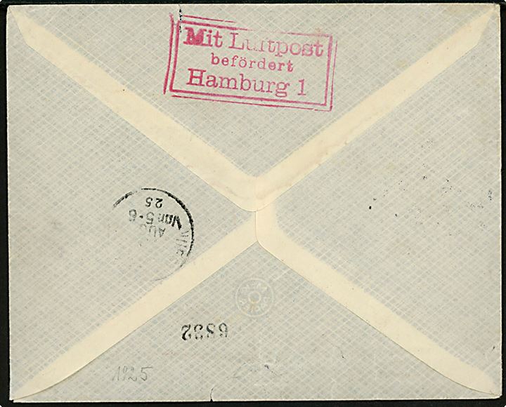 10 øre og 25 øre Luftpost på Luftpost tryksag med tidlig grøn etiket Pr. Luftpost København - Hamburg fra Bogense d. 22.8.1925 til Nürnberg, Tyskland. På bagsiden rammestempel: Mit Luftpost befördert Hamburg 1.