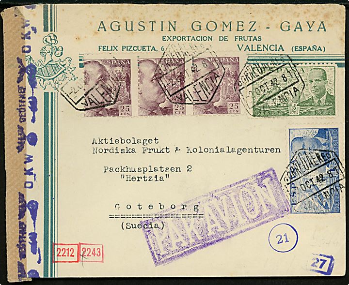 25 cts. Franco (3), 1 pta. og 2 pts. Luftpost på luftpostbrev fra Valencia d. 2.10.1942 til Göteborg, Sverige. Lokal spansk censur fra Valencia og åbnet af tysk censur i München.