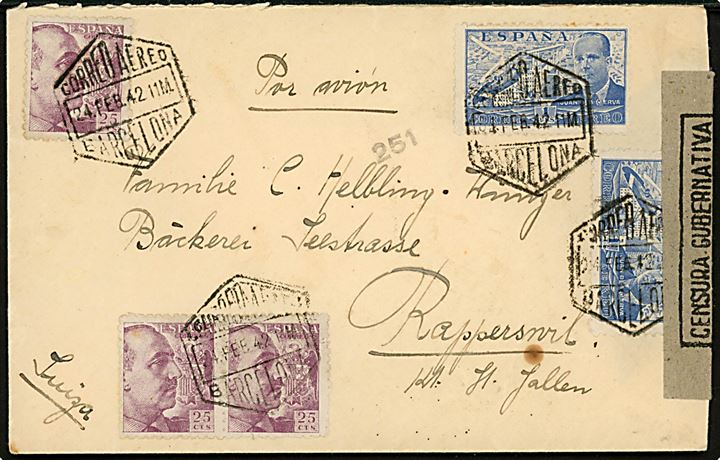 25 cts. Franco (3) og 1 pta. Luftpost (2) på luftpostbrev fra Barcelona d. 24.2.1942 til Rapperswil, Schweiz. Åbnet af spansk censur i Barcelona.