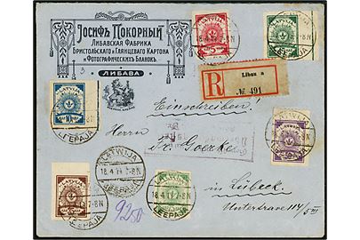 5 kap., 10 kap., 15 kap., 35 kap., 50 kap. og 75 kap. Soldesign utakket på anbefalet brev fra Lawija Leepaja d. 18.4.1919 til Lübeck, Tyskland. Svagt censurstempel fra Königsberg.