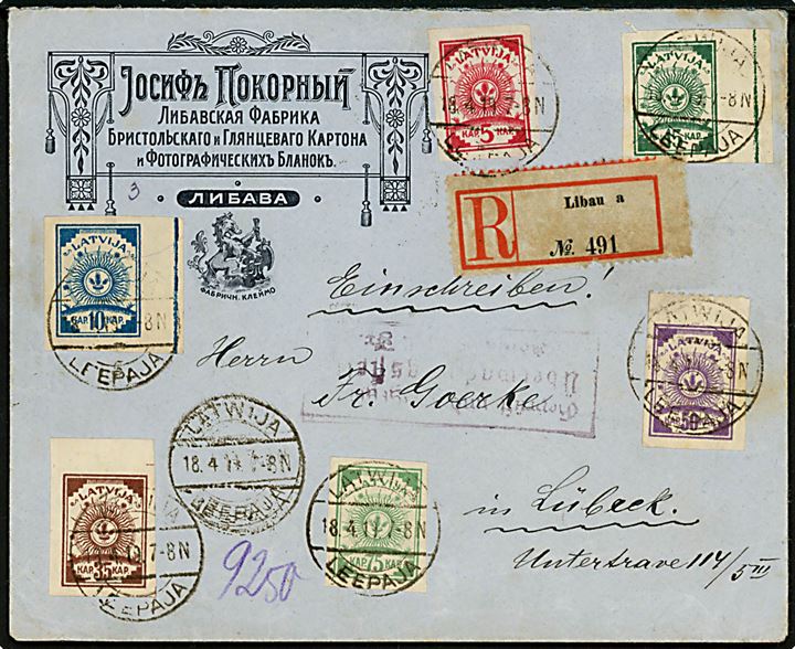 5 kap., 10 kap., 15 kap., 35 kap., 50 kap. og 75 kap. Soldesign utakket på anbefalet brev fra Lawija Leepaja d. 18.4.1919 til Lübeck, Tyskland. Svagt censurstempel fra Königsberg.