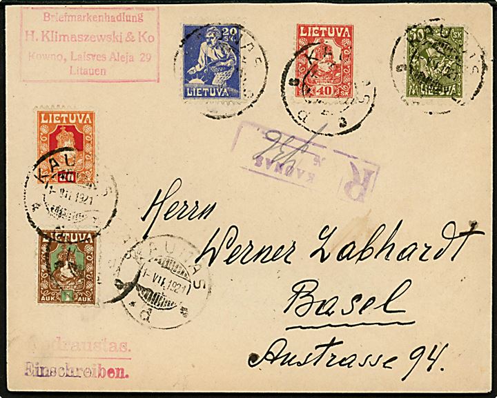 Blandingsfrankeret anbefalet brev fra Kaunas d. 1.7.1921 til Basel, Schweiz.