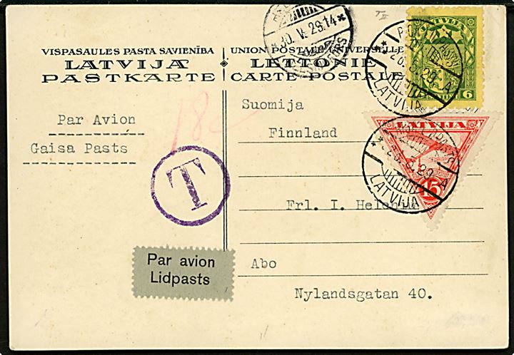 6 s. Våben og 15 s. 3-kantet luftpost udg. på underfrankeret brevkort fra Riga d. 28.5.1929 til Åbo, Finland. Violet portostempel T. På bagsiden finsk 2-sproget luftpost stempel.