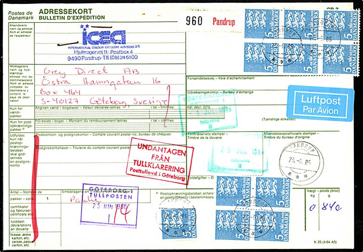 5 kr. Rigsvåben (11) på 55 kr. frankeret internationalt adressekort for luftpostpakke annulleret med brotype IIh postsparestempel Pandrup d. 23.6.1986 til Göteborg, Sverige. Stempel graveret i 1983 og kendes jf. Vagn Jensen kun i perioden 18.1.- 4.2.1992.