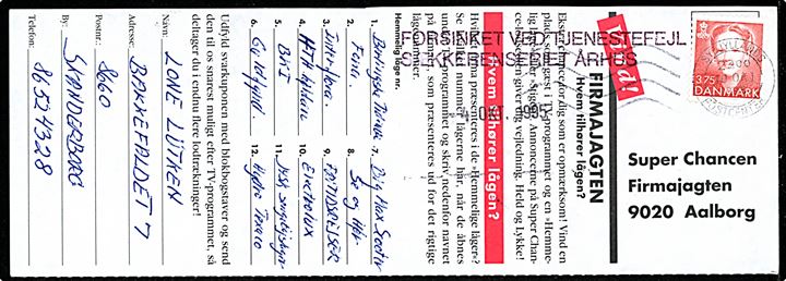 3,75 kr. Margrethe på kupon annulleret fra Skanderborg annulleret Sydjyllands Postcenter d. 10.10.1995 og sidestemplet FORSINKET VED TJENESTEFEJL / SÆKKERENSERIET ÅRHUS d. 4.10.1995 til Aalborg.