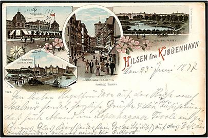 Købh., Hilsen fra Kjøbenhavn med Café National, Dronning Louises Bro, Købmagergade og Ørstedsparken. L. Glaser no. 1329.