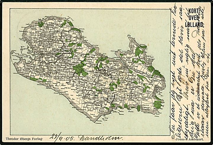 Kort over Lolland, Frem's Amtskort. Theodor Øberg u/no. Sendt fra Bandholm. 