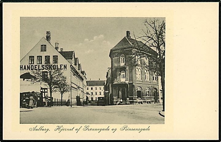 Aalborg, Grønnegade hj. Prinsensgade med Handelsskole. Stenders no. 505.