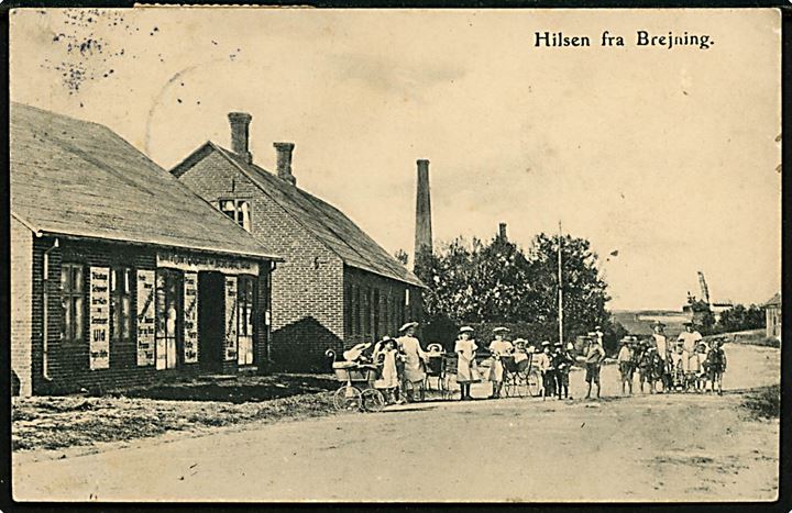 Brejning, Hilsen fra med landhandel. U/no. Frankeret med 5 øre Chr. IX og Julemærke 1906 annulleret med stjernestempel BREJNING og sidestemplet Ringkjøbing d. 22.12.1906 til Millinge pr. Faaborg.