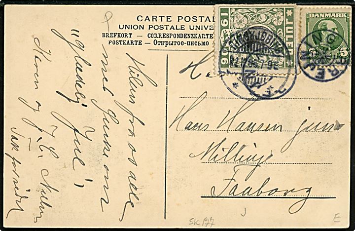 Brejning, Hilsen fra med landhandel. U/no. Frankeret med 5 øre Chr. IX og Julemærke 1906 annulleret med stjernestempel BREJNING og sidestemplet Ringkjøbing d. 22.12.1906 til Millinge pr. Faaborg.