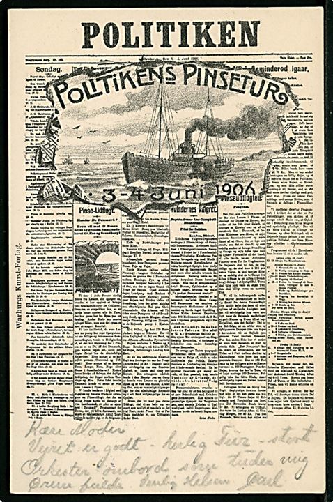 Politikens Pinsetur 1906. Reklamekort for sejlads i de danske farvande 3.-4.juni 1906. Warburg u/no.