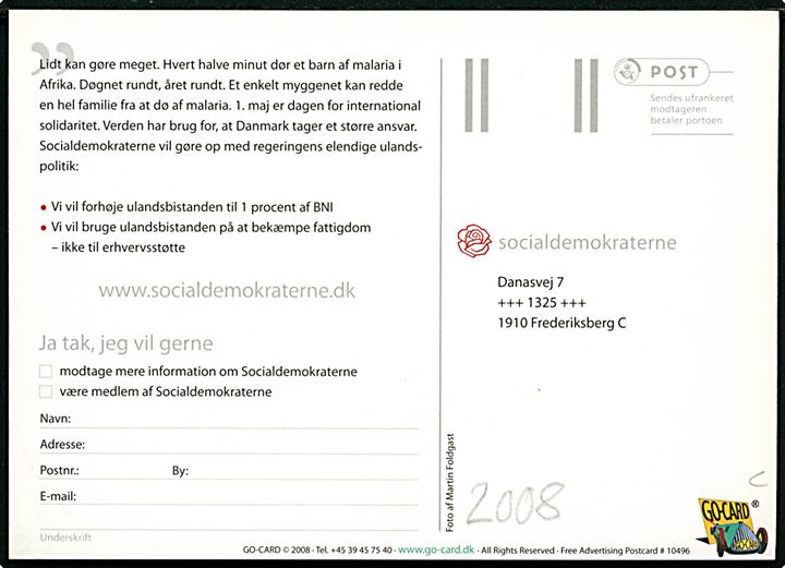 1. maj kort med en ung Mette Frederiksen. Politisk kort for Socialdemokraterne. Go-Card no. 10496.