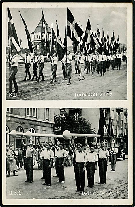 Konservativ Ungdom (K.U.). Politisk propagandakort med eksempler på Zahle's forbud overfor K.U. og tilsvarende tilladelser overfor D.S.U. Stenders no. 68526.