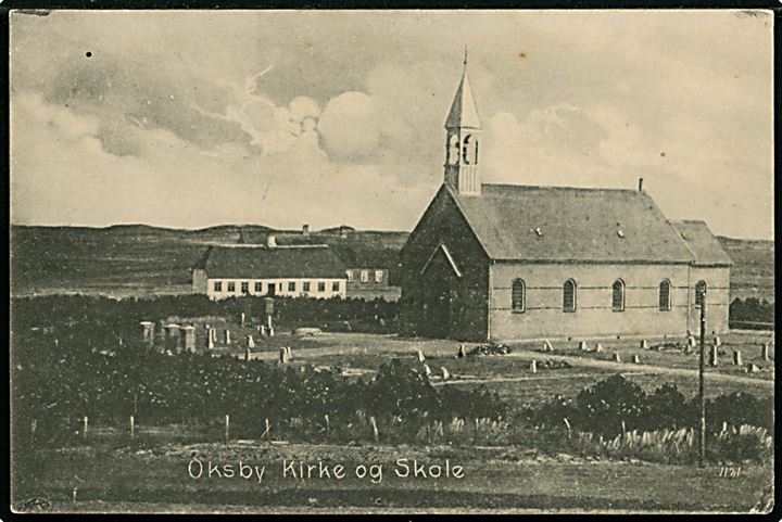 Oksby. Kirke og skole. P. Petersen no. 1121.