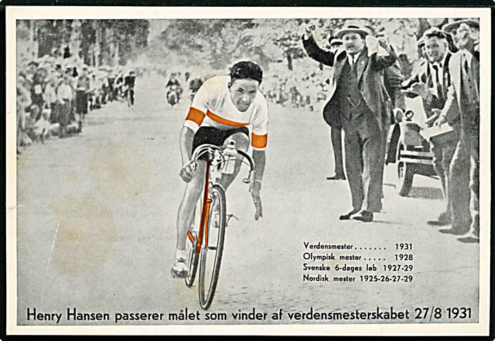 Henry Hansen passerer målet som vinder af verdensmesterskabet 27 / 8 1931. Olympic Cykler & Motor. Reklamekort. U/no.