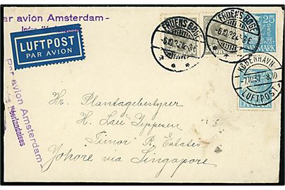 25 øre Karavel og 50 øre Chr. X (2) på underfrankeret luftpostbrev fra Fruens Bøge d. 6.10.1932 via Penang og Johore Bahru, Malaya. Postalt opfrankeret med 25 øre karavel annulleret København Luftpost sn1 d. 7.10.1932 og dirigeringsstemplet Par avion Amsterdam - Indes Néerlandaises. Da brevet er blevet postalt opfrankeret, må det formodes at 150 øre er korrekt takst og derved at oplysning om luftposttillægstakst nedsætteles fra 150 øre til 125 øre pr. 20 gram pr. 1.11.1932 - jf. Mats Hedelius Dansk Luftpost s. 182 - er unøjagtig da tillægget allerede pr. 7.10.1932 ses nedsat. Kuvert let afkortet i venstre side. 