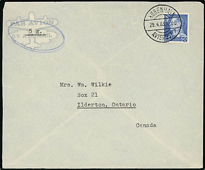 60 øre Fr. IX på luftpostbrev mærket 5 g. fra Elleore-samfundet annulleret med brotype IId København Avispost sn1 d. 29.4.1963 til Ilderton, Canada. På bagsiden rødt utakket Elleore mærke. 