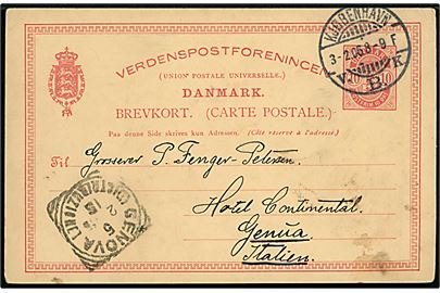 10 øre Våben helsagsbrevkort fra Kjøbenhavn d. 3.2.1906 til Genua, Italien.