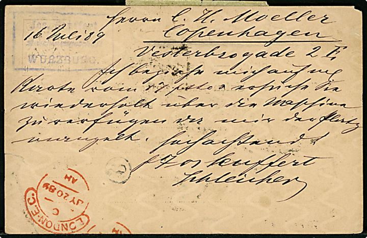 Bayern 10 pfg. helsagsbrevkort fra Wuertzburg d. 10.7.1889 til København, Danmark. Påsat grønlig etiket Nærværende Brev vilde være blevet udbragt tidligere, naar Adressatens Bopæl havde været angivet. - eftersendt til London og returneret med flere stempler pga. ufuldstændig adresse. Meget dekorativ.