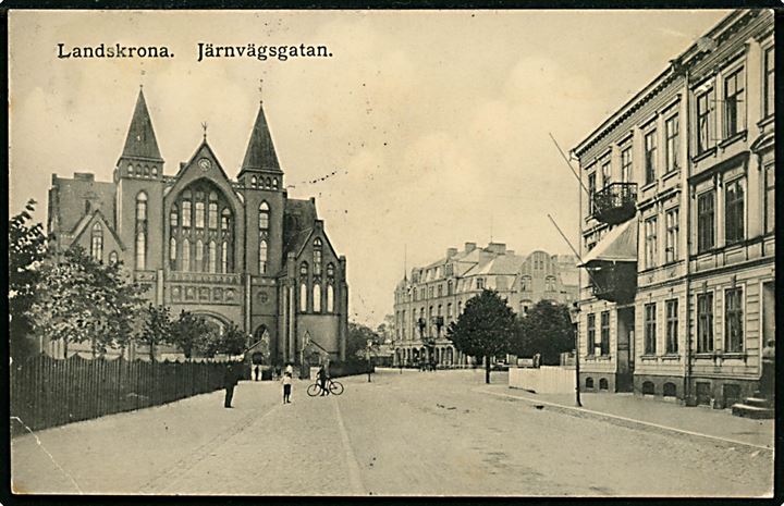 5 öre Gustaf på brevkort fra Landskrona annulleret med skibsstempel Fra Sverige og sidestemplet Kjøbenhavn B.B.B. d. 19.1.1913 til Randers.