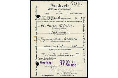 Postbevis - F. Form. Nr. 1 (1/7 27) - for postanvisning fra Bevtoft d. 11.7.1930 til Aabenraa. 2 arkivhuller.