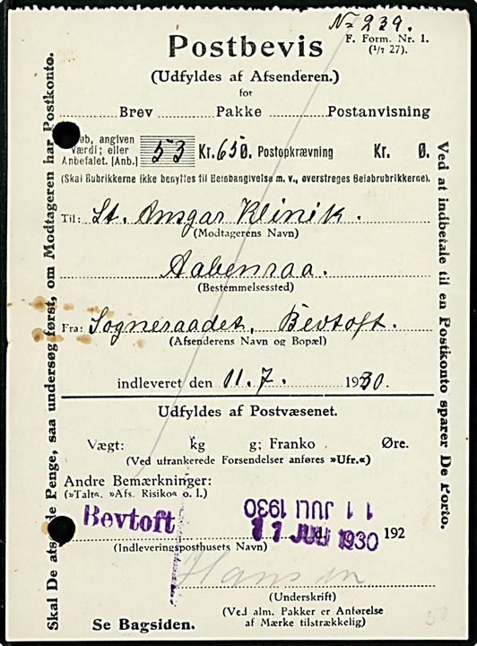 Postbevis - F. Form. Nr. 1 (1/7 27) - for postanvisning fra Bevtoft d. 11.7.1930 til Aabenraa. 2 arkivhuller.