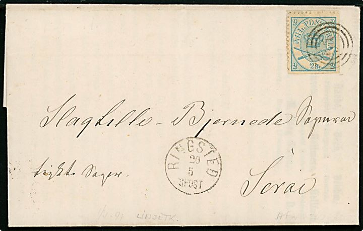 2 sk. Krone/Scepter 7. tryk linietakket 12½ artighedsklippet single på foldebrev mærket Trykte Sager annulleret med nr.stempel 57 og sidestemplet lapidar Ringsted d. 20.5.1871 til Slaglille-Bjernede Sogneraad pr. Sorø.