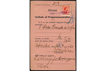 10 øre Chr. X annulleret med kontorstempel Nørrebro Postkontor som gebyr på Attest for Indkøb af Frigørelsesmidler - F.Form. Nr. 43 (1/7 1919) dateret d. 16.9.1920. Fortrykt gebyr 5 øre rettet til 10 øre.