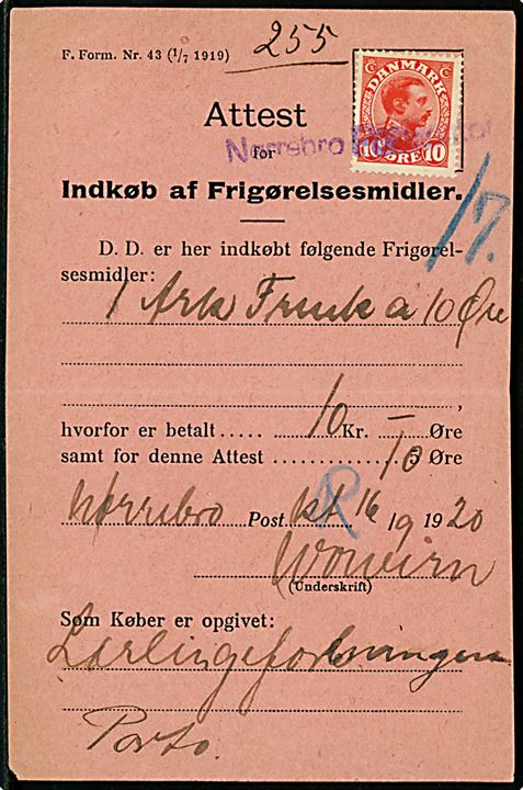 10 øre Chr. X annulleret med kontorstempel Nørrebro Postkontor som gebyr på Attest for Indkøb af Frigørelsesmidler - F.Form. Nr. 43 (1/7 1919) dateret d. 16.9.1920. Fortrykt gebyr 5 øre rettet til 10 øre.