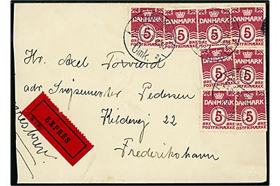 5 øre Bølgelinie (8) med tydelige automatafskæringer på 40 øre frankeret ekspresbrev fra København d. 28.6.1941 til Frederikshavn. Kuvert let afkortet i venstre side.