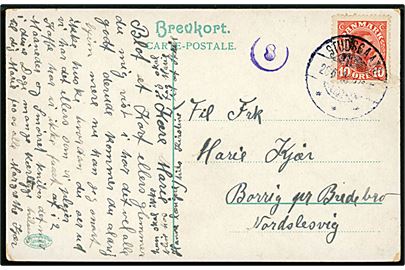 10 øre Chr. X på brevkort annulleret brotype Ia Studsgaard d. 26.6.1918 til Bredebro i Nordslesvig. Violet censurstempel 8.