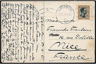 25 øre Chr. X single på brevkort fra Kjøbenhavn L. d. 27.12.1921 til Nice, Frankrig.