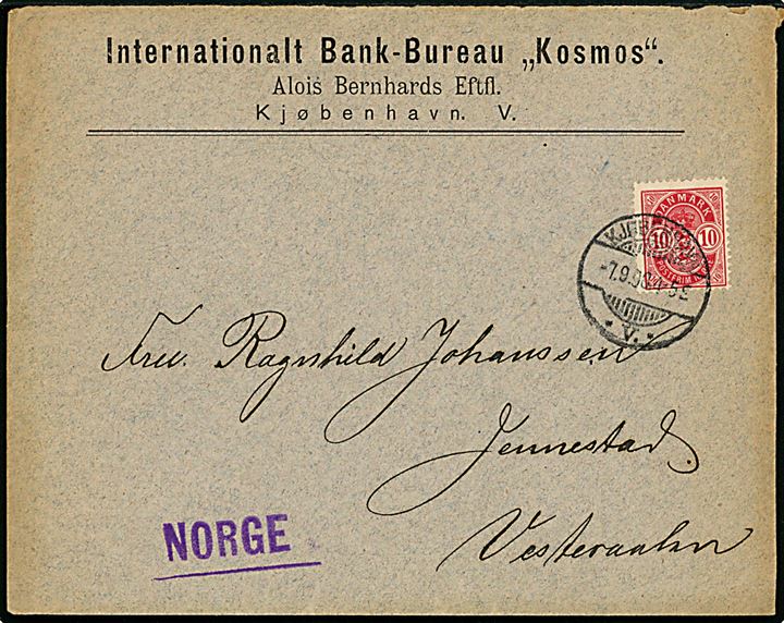 10 øre Våben på brev fra Internationalt Bank-Bureau Kosmos annulleret med brotype Ia Kjøbenhavn *V.* d. 7.9.1898 til Jennestad, Norge. 