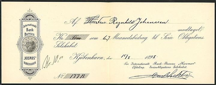 10 øre Våben på brev fra Internationalt Bank-Bureau Kosmos annulleret med brotype Ia Kjøbenhavn *V.* d. 7.9.1898 til Jennestad, Norge. 