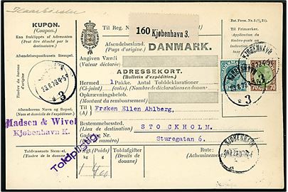 60 øre og 70 øre Chr. X på internationalt adressekort for pakke fra Kjøbenhavn 3 d. 23.8.1923 til Stockholm, Sverige.