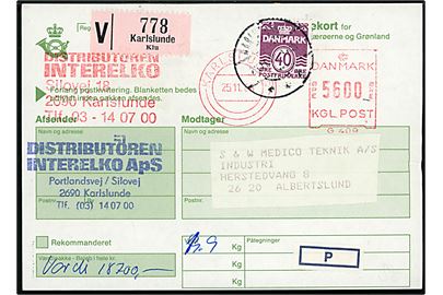 56 kr. firmafranko og 40 øre Bølgelinie på adressekort for værdipakke fra Karlslunde d. 25.11.1986 til Albertslund.