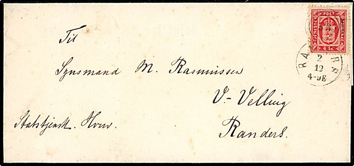 4 sk. Tjenestemærke single på brev fra Viborg Amts Østre Provsti annulleret med kombineret nr.stempel 53/Randers d. 2.12.187x til V.-Velling pr. Randers.