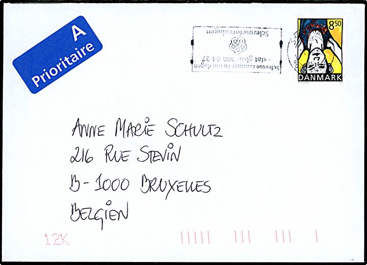 8,50 kr. Sportog Ungdom single på A-brev fra Risskov annulleret med TMS Østjyllands Postcenter Scleroseforeningen - omvendt tekstkliche - d. 11.8.2003 til Bruxelles, Belgien.